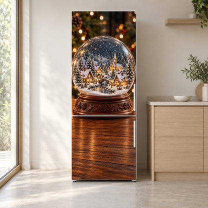 Snow Globe Village fridge wrap on a white refrigerator in a bright kitchen