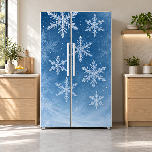 Snowflakes fridge wrap on a side-by-side refrigerator