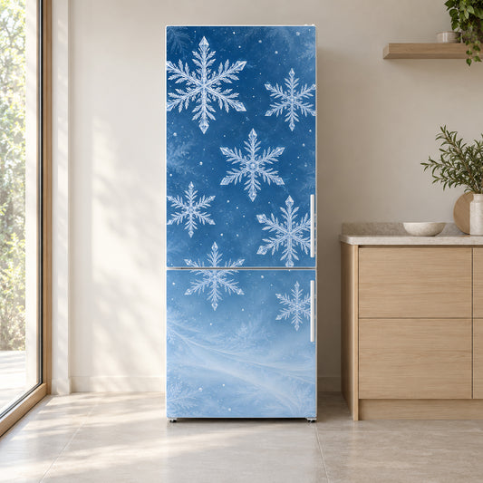Snowflakes fridge wrap on a white refrigerator in a bright kitchen