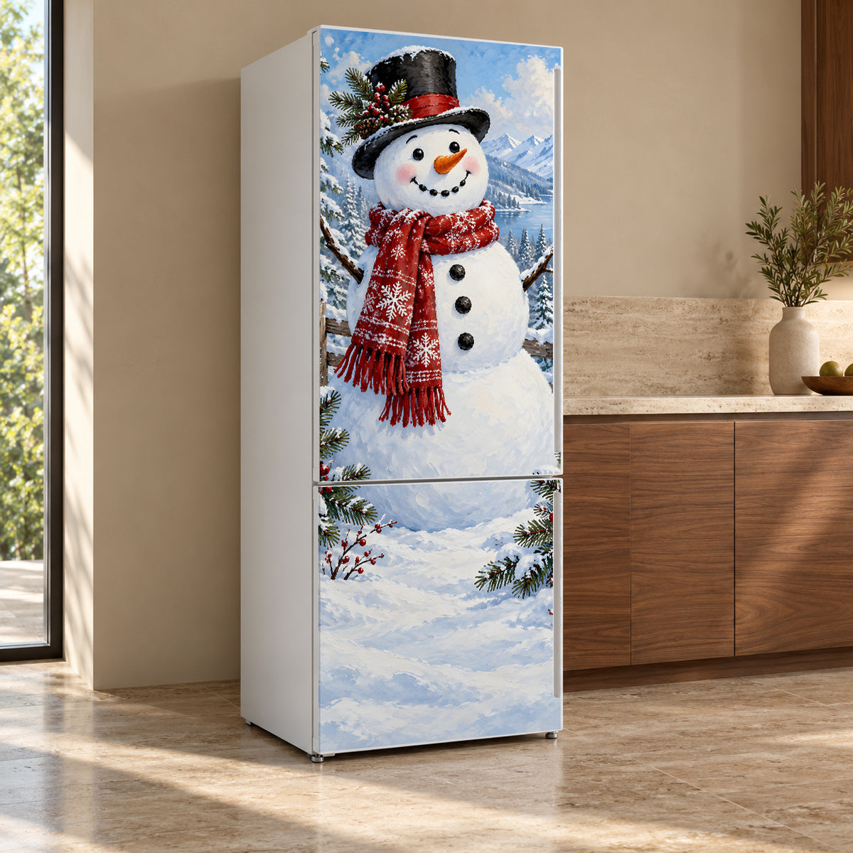 Snowman fridge wrap, refrigerator shown at an angle