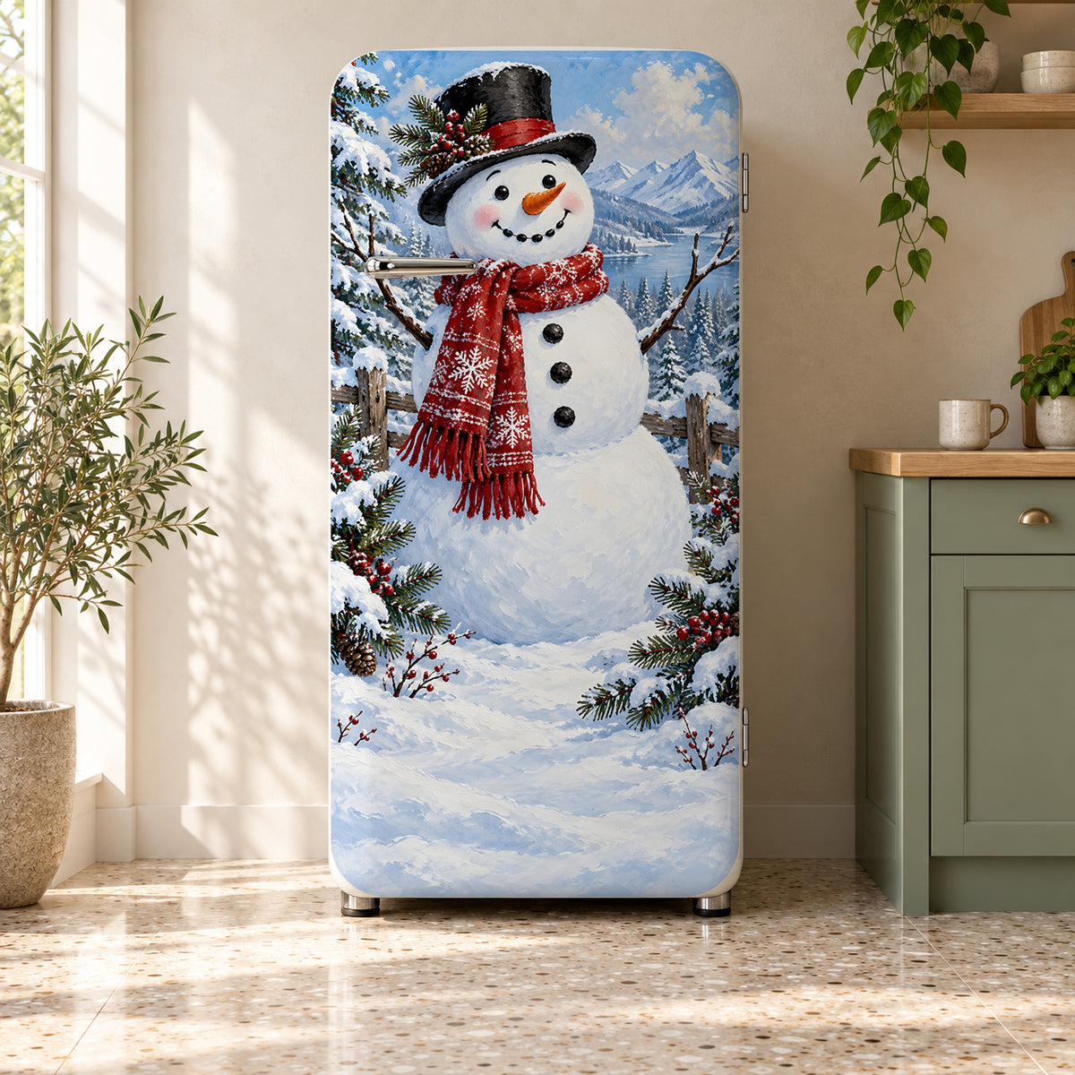 Snowman fridge wrap on a retro refrigerator