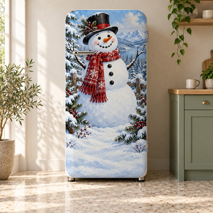 Snowman fridge wrap on a retro refrigerator