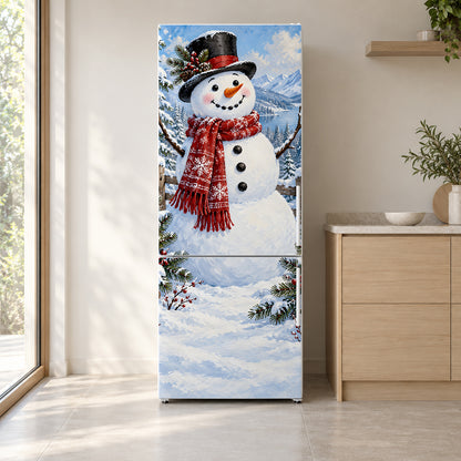 Snowman fridge wrap on a white refrigerator in a bright kitchen