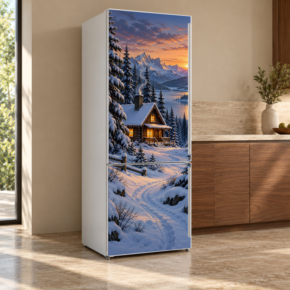 Snowy Winter Cabin fridge wrap, refrigerator shown at an angle
