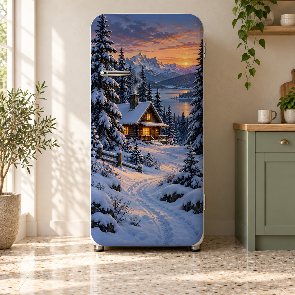 Snowy Winter Cabin fridge wrap on a retro refrigerator