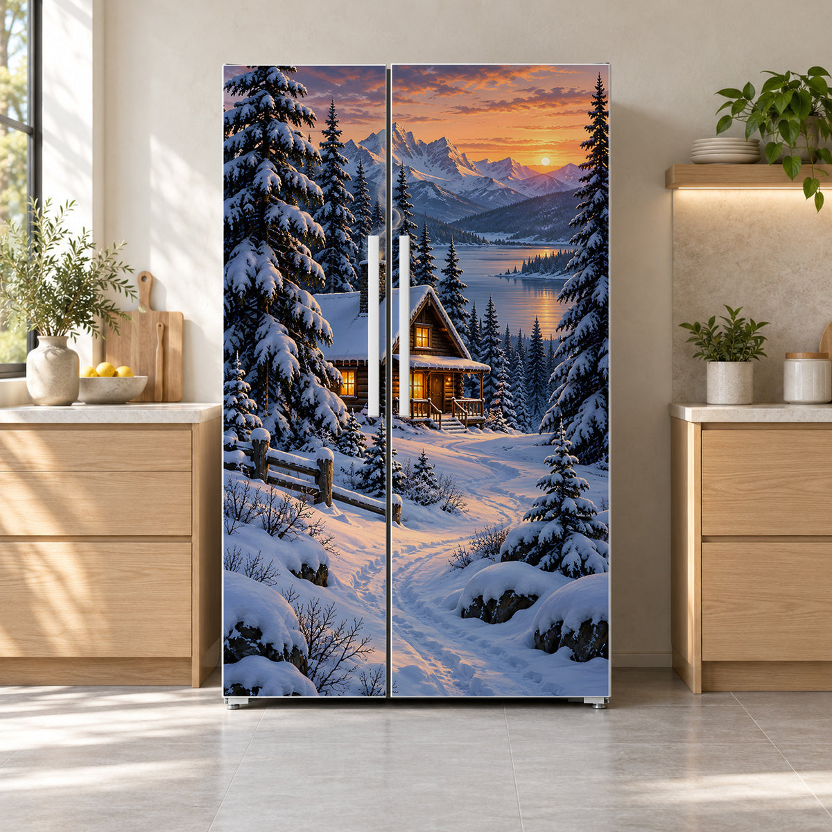 Snowy Winter Cabin fridge wrap on a side-by-side refrigerator
