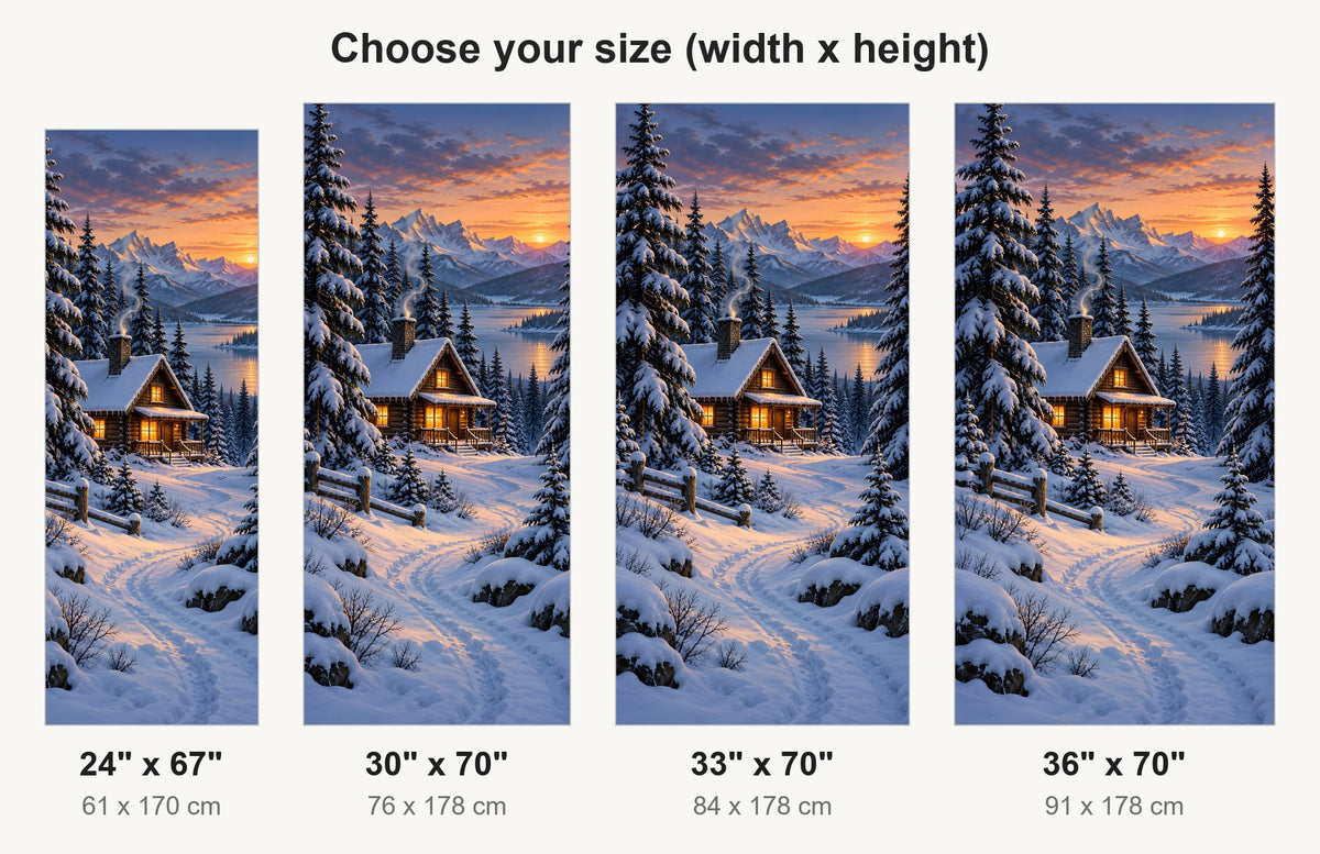 Snowy Winter Cabin fridge wrap available sizes 24, 30, 33 and 36 inch