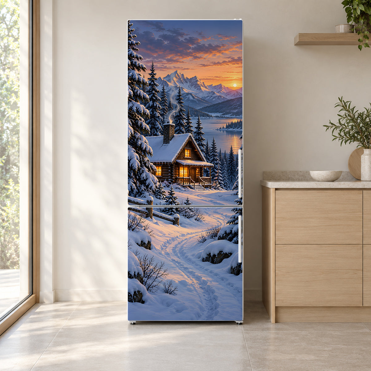 Snowy Winter Cabin fridge wrap on a white refrigerator in a bright kitchen