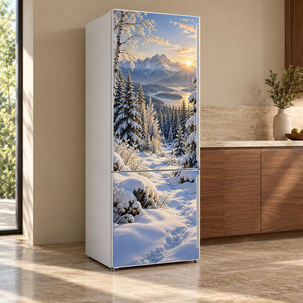Snowy Winter Forest fridge wrap, refrigerator shown at an angle