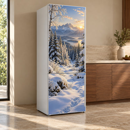 Snowy Winter Forest fridge wrap, refrigerator shown at an angle