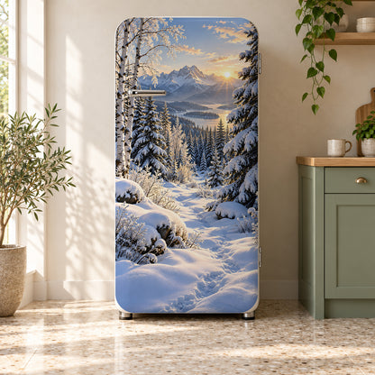 Snowy Winter Forest fridge wrap on a retro refrigerator