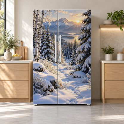 Snowy Winter Forest fridge wrap on a side-by-side refrigerator