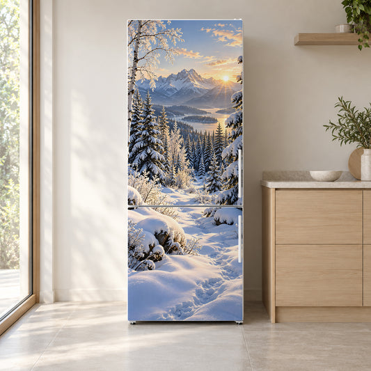 Snowy Winter Forest fridge wrap on a white refrigerator in a bright kitchen