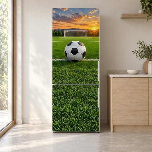 Soccer Field fridge wrap on a white refrigerator in a bright kitchen