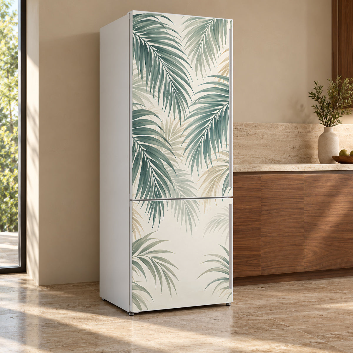 Soft Palm Leaves fridge wrap, refrigerator shown at an angle