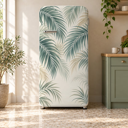 Soft Palm Leaves fridge wrap on a retro refrigerator