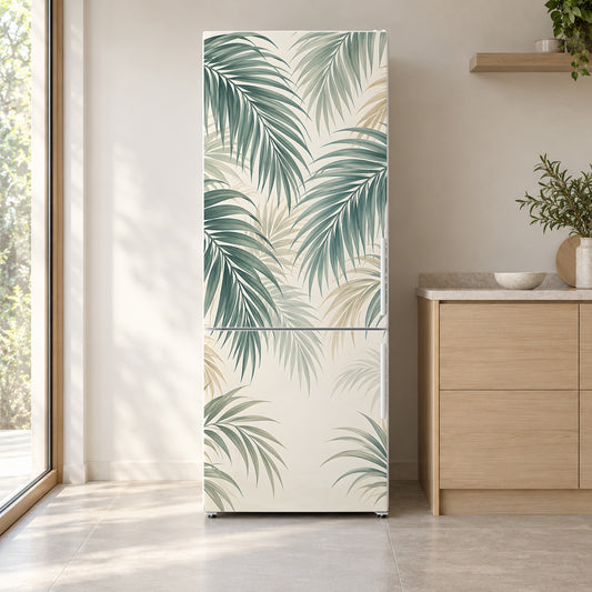 Soft Palm Leaves fridge wrap on a white refrigerator in a bright kitchen