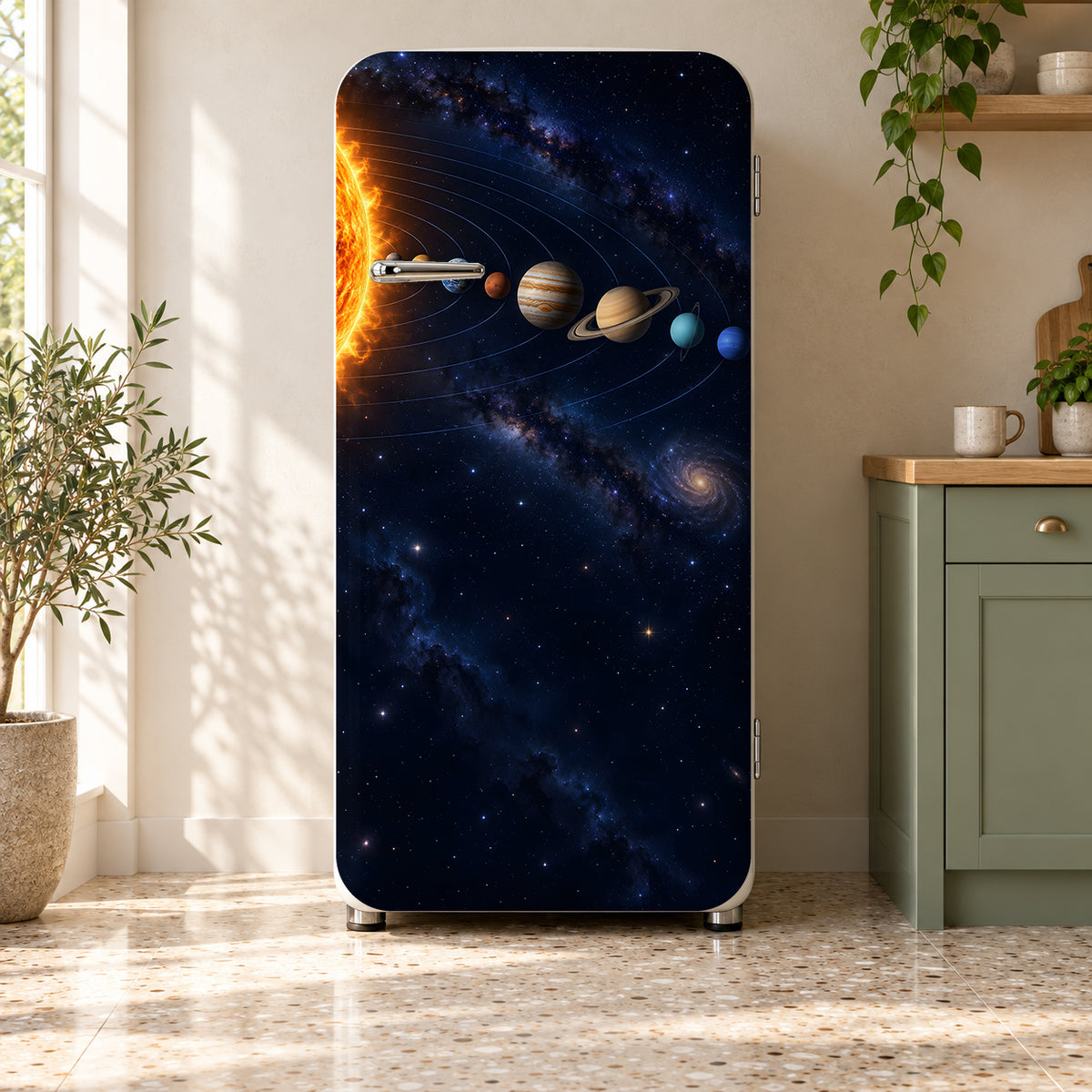 Solar System fridge wrap on a retro refrigerator