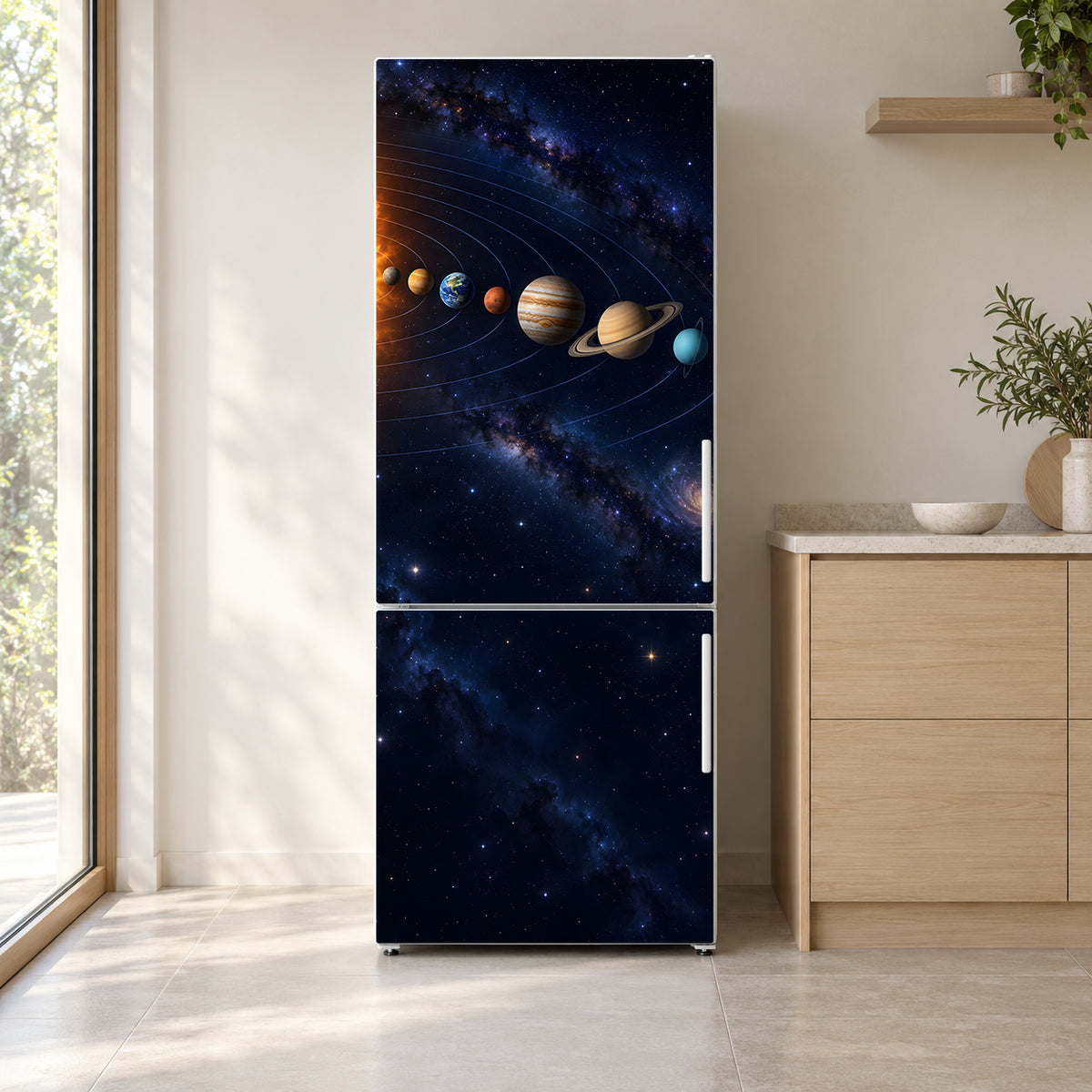 Solar System fridge wrap on a white refrigerator in a bright kitchen