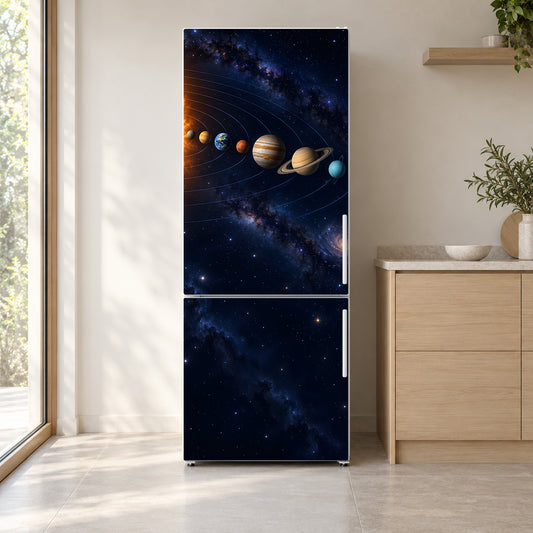 Solar System fridge wrap on a white refrigerator in a bright kitchen