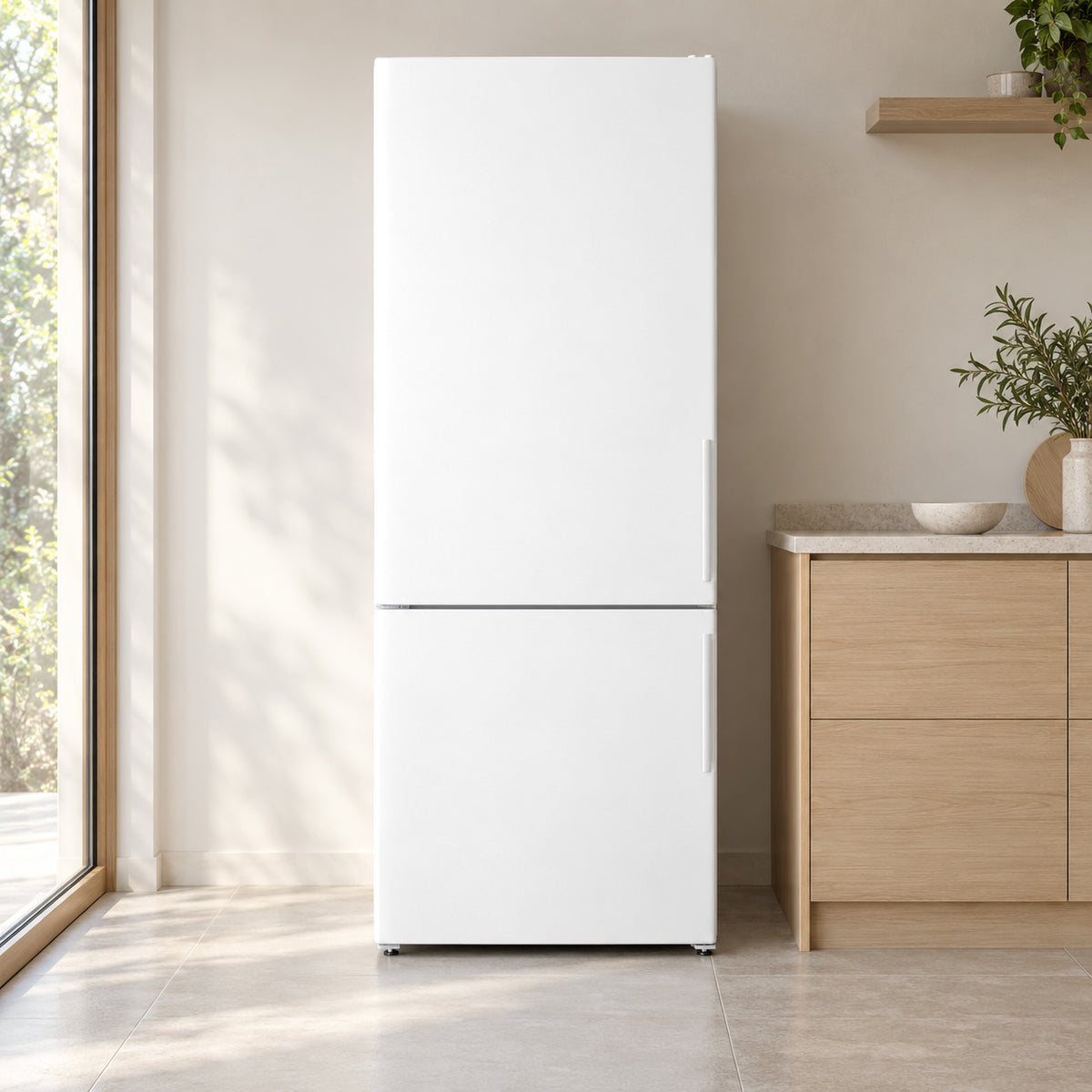 Solid White fridge wrap on a white refrigerator in a bright kitchen