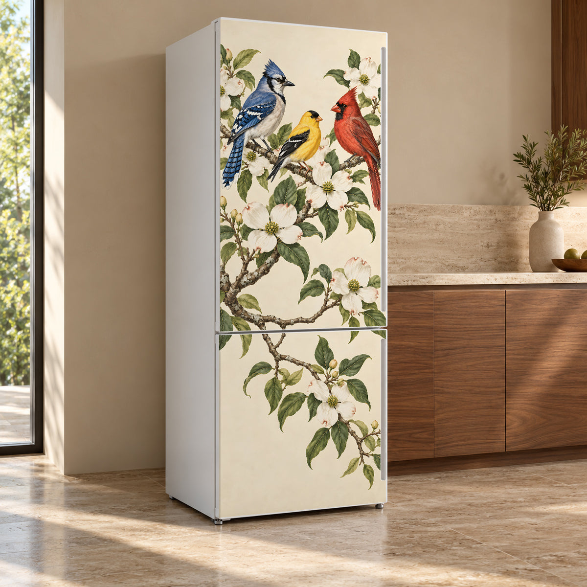 Songbirds & Dogwood fridge wrap, refrigerator shown at an angle