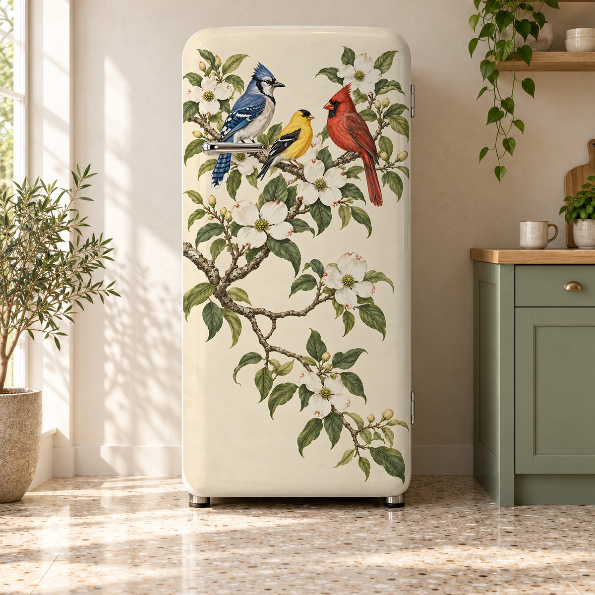 Songbirds & Dogwood fridge wrap on a retro refrigerator