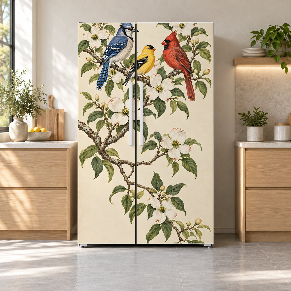 Songbirds & Dogwood fridge wrap on a side-by-side refrigerator