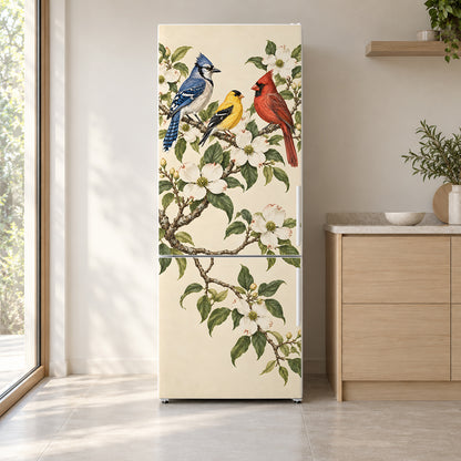 Songbirds & Dogwood fridge wrap on a white refrigerator in a bright kitchen