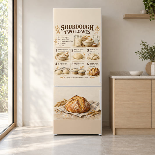 Sourdough Bread Guide fridge wrap on a white refrigerator in a bright kitchen