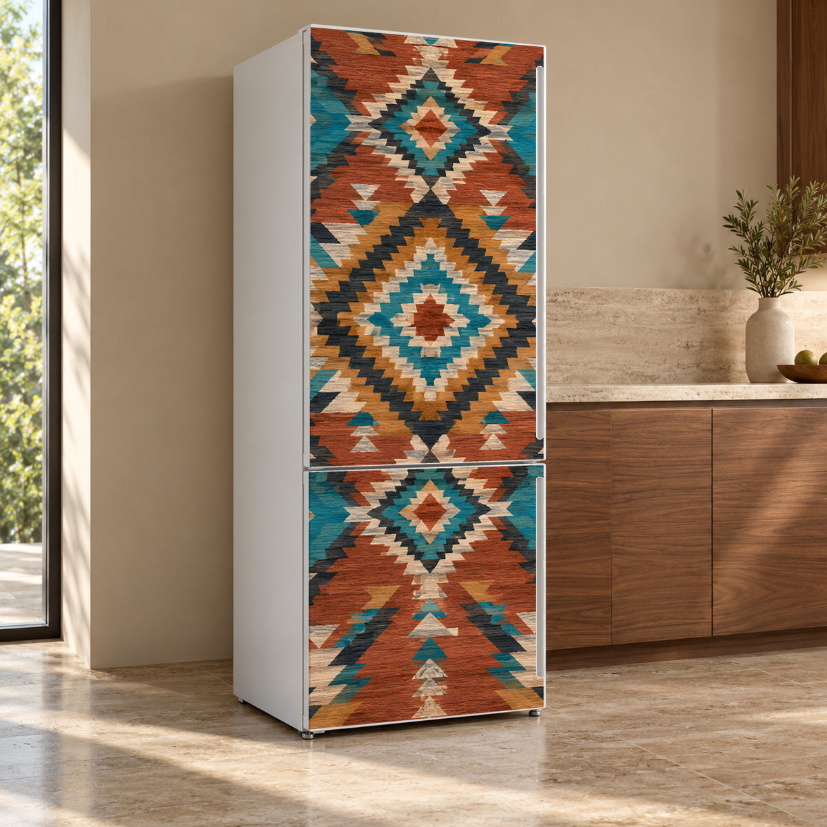 Southwestern Aztec fridge wrap, refrigerator shown at an angle