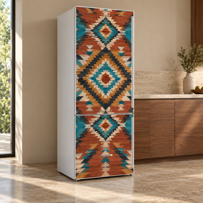 Southwestern Aztec fridge wrap, refrigerator shown at an angle