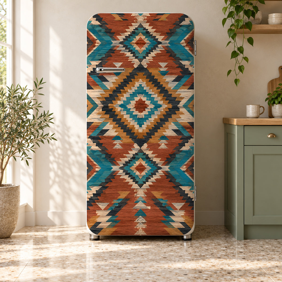 Southwestern Aztec fridge wrap on a retro refrigerator