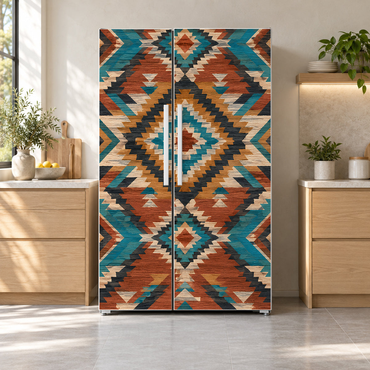 Southwestern Aztec fridge wrap on a side-by-side refrigerator