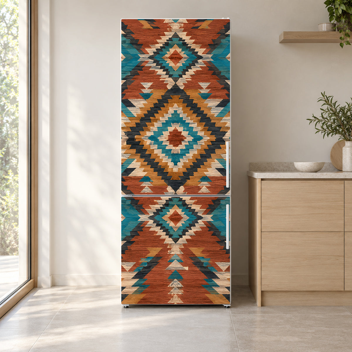 Southwestern Aztec fridge wrap on a white refrigerator in a bright kitchen