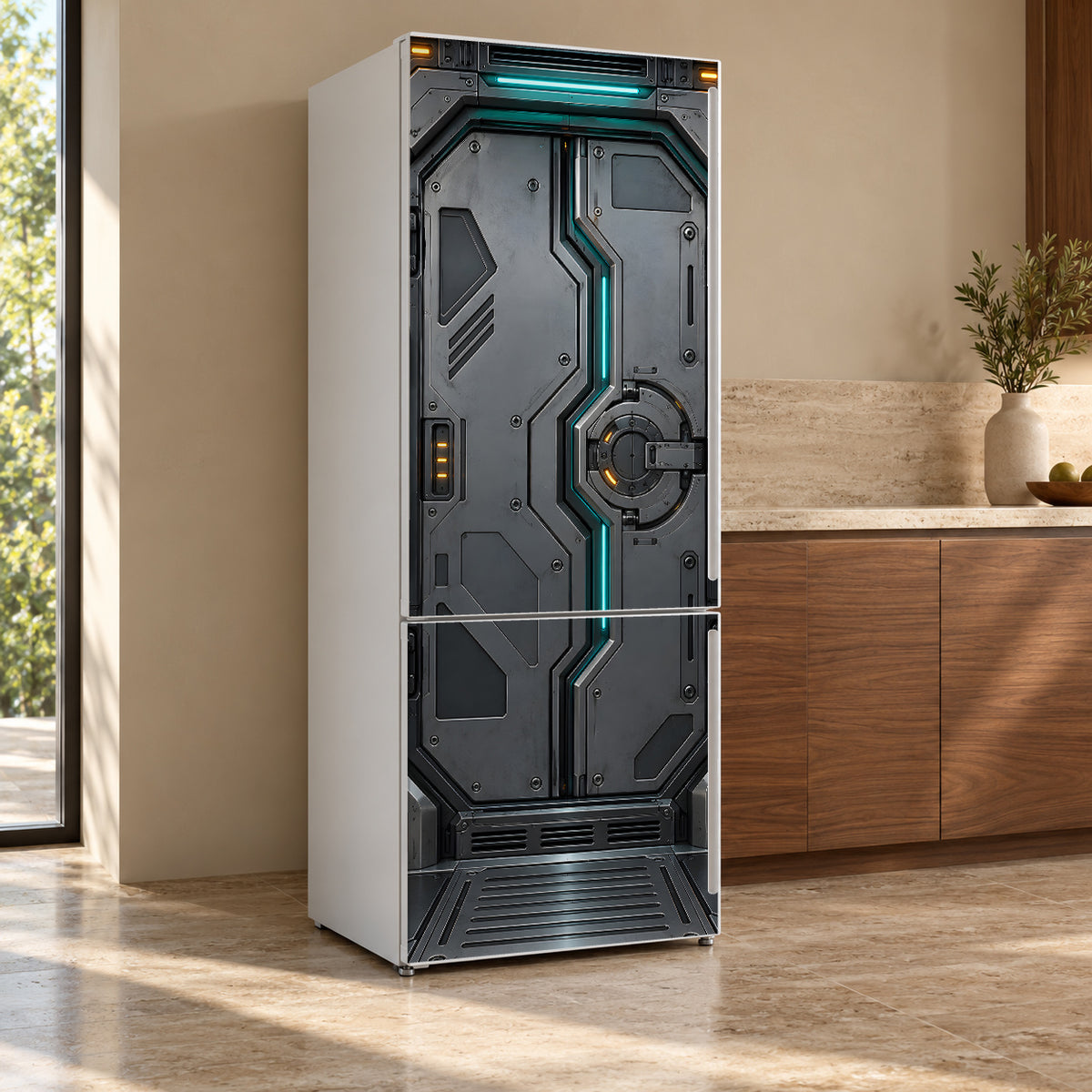 Spaceship Airlock Door fridge wrap, refrigerator shown at an angle