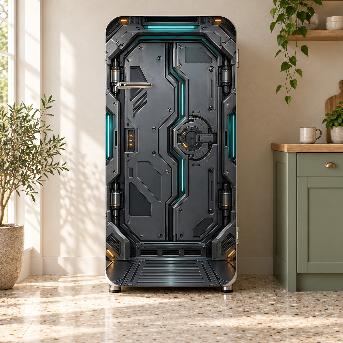 Spaceship Airlock Door fridge wrap on a retro refrigerator