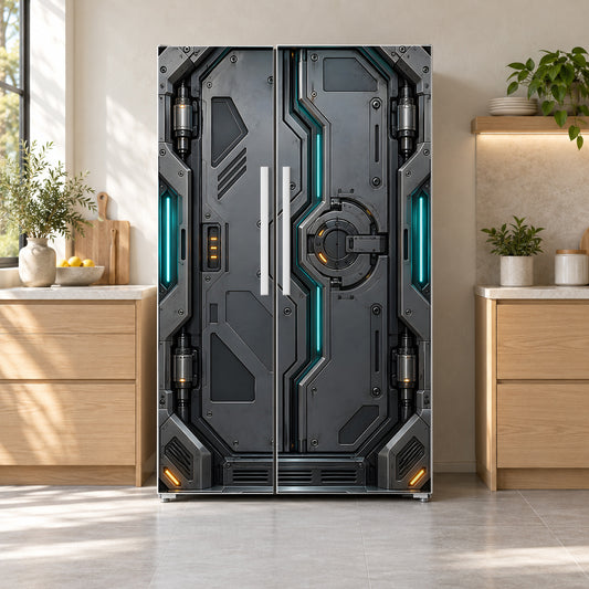 Spaceship Airlock Door fridge wrap on a side-by-side refrigerator