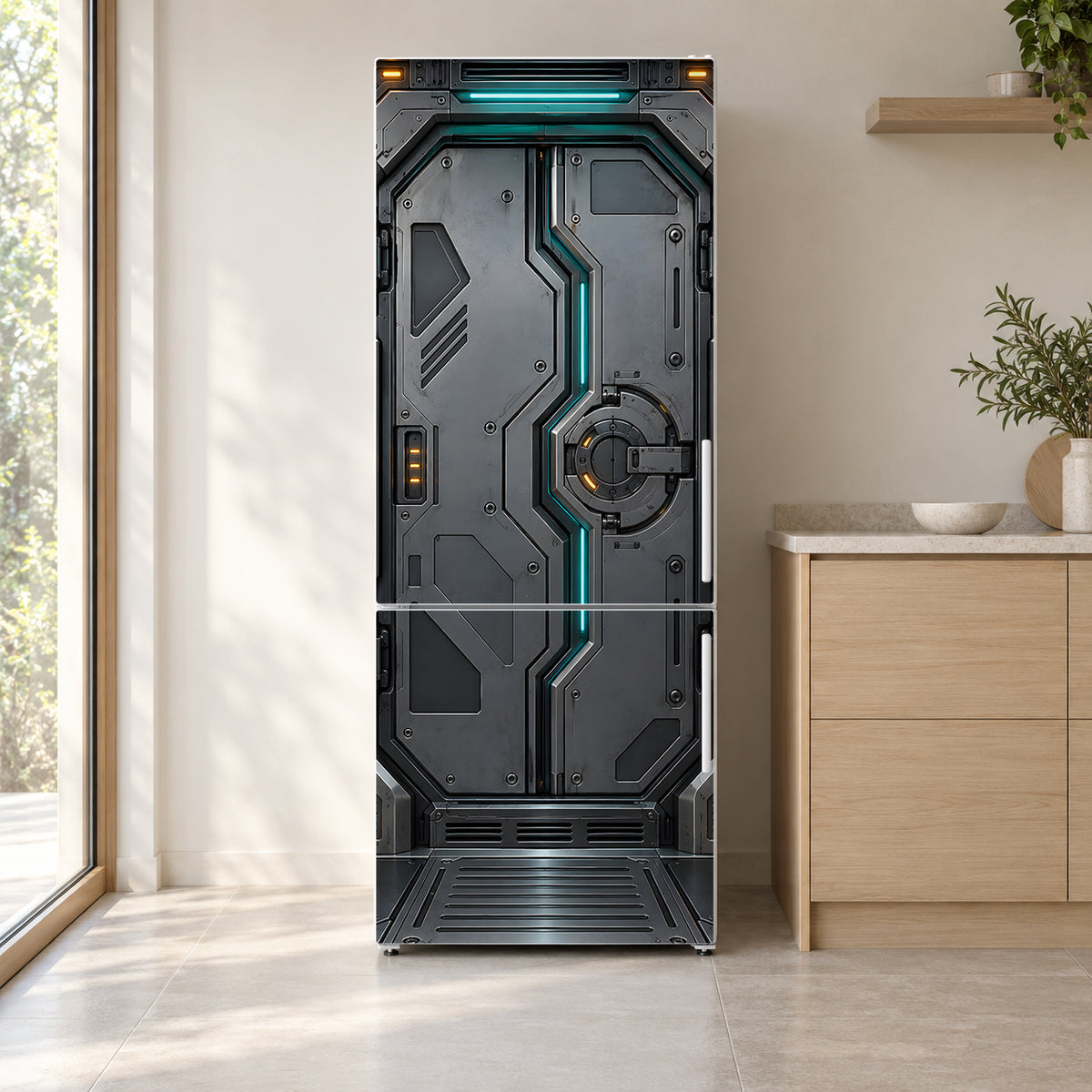 Spaceship Airlock Door fridge wrap on a white refrigerator in a bright kitchen
