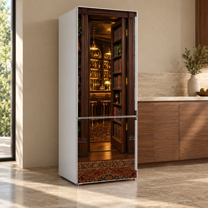 Speakeasy Hidden Bookcase Door fridge wrap, refrigerator shown at an angle