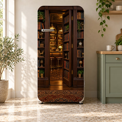 Speakeasy Hidden Bookcase Door fridge wrap on a retro refrigerator