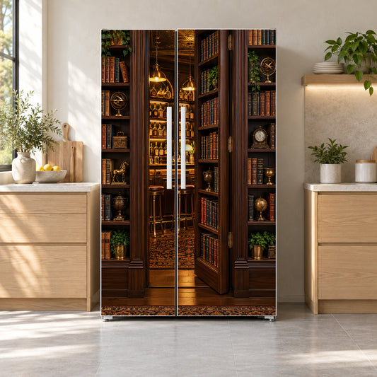 Speakeasy Hidden Bookcase Door fridge wrap on a side-by-side refrigerator