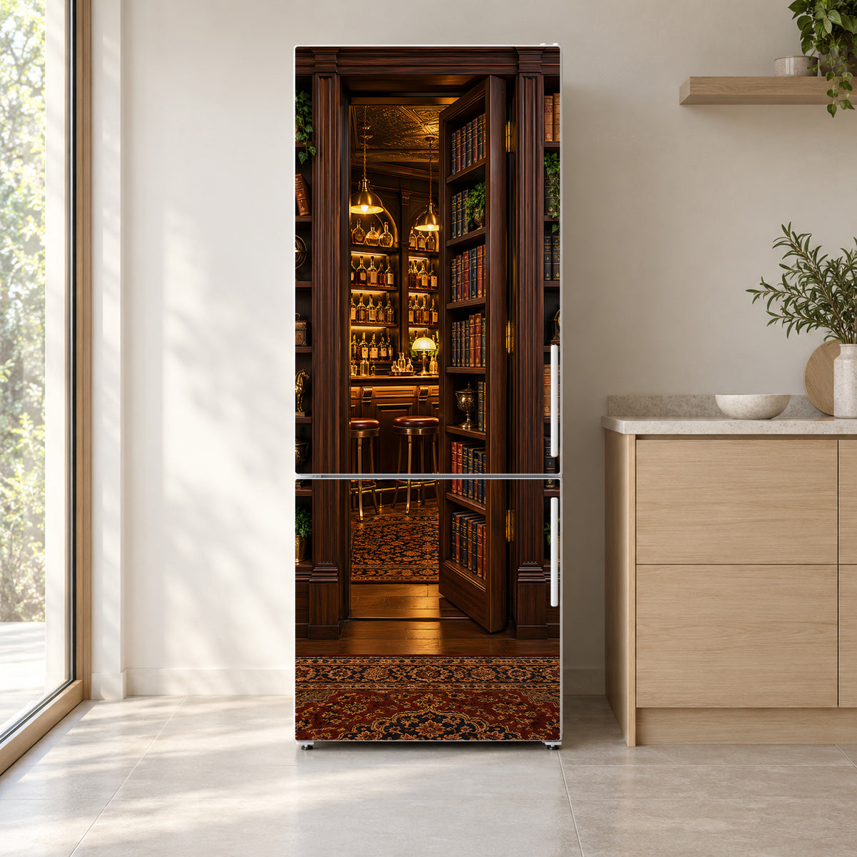 Speakeasy Hidden Bookcase Door fridge wrap on a white refrigerator in a bright kitchen