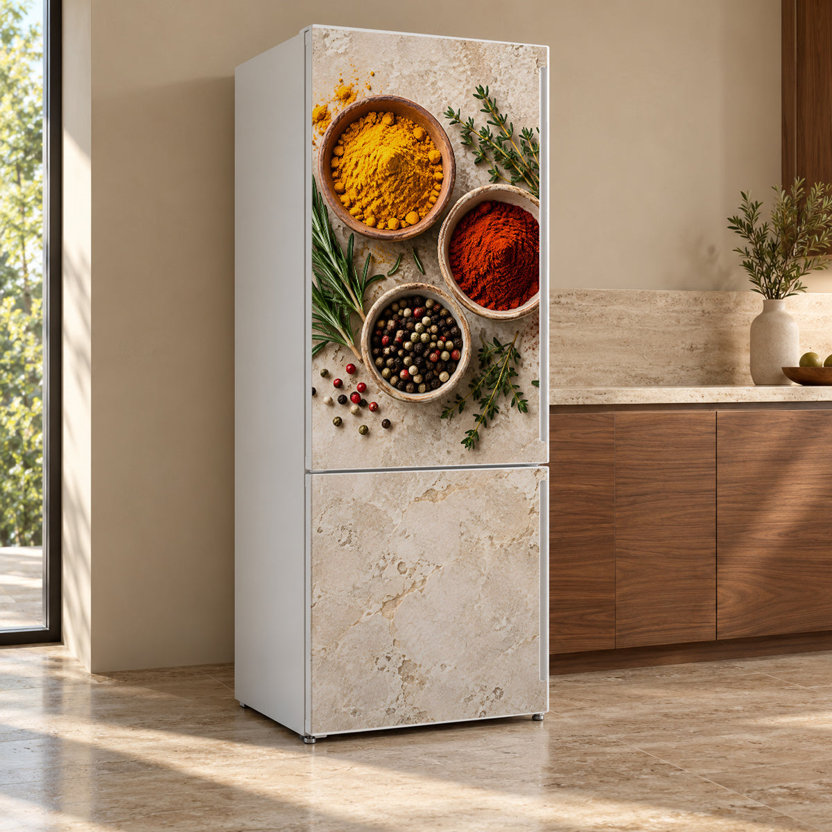 Spices & Herbs fridge wrap, refrigerator shown at an angle