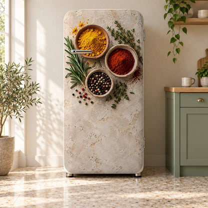 Spices & Herbs fridge wrap on a retro refrigerator