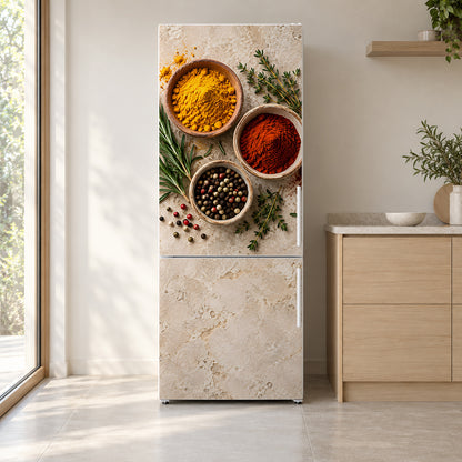 Spices & Herbs fridge wrap on a white refrigerator in a bright kitchen