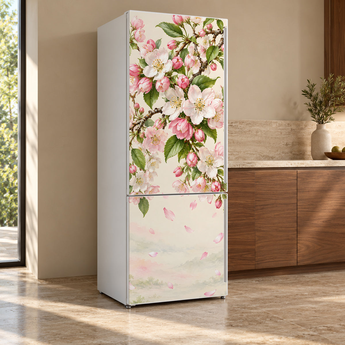 Spring Blossoms fridge wrap, refrigerator shown at an angle