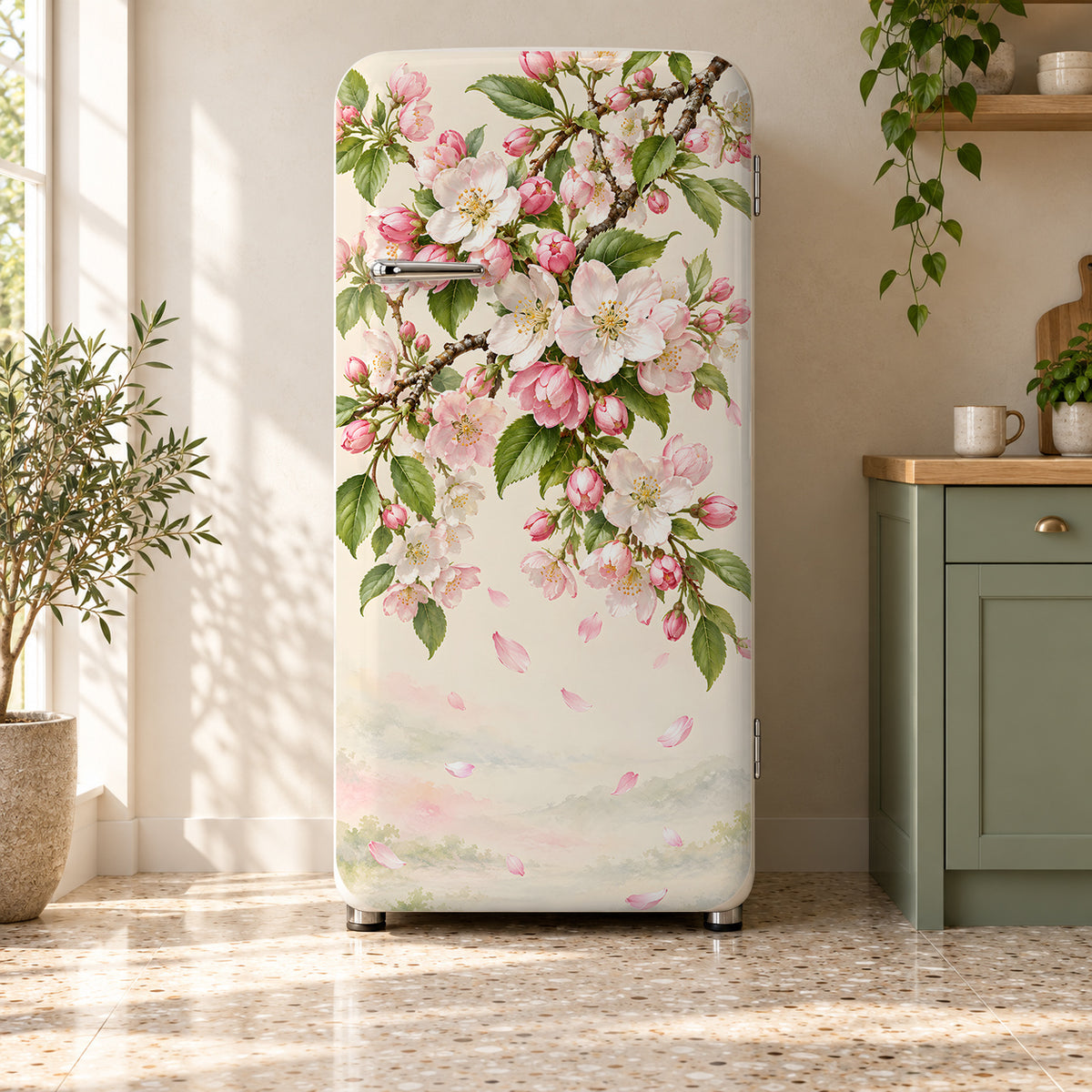 Spring Blossoms fridge wrap on a retro refrigerator