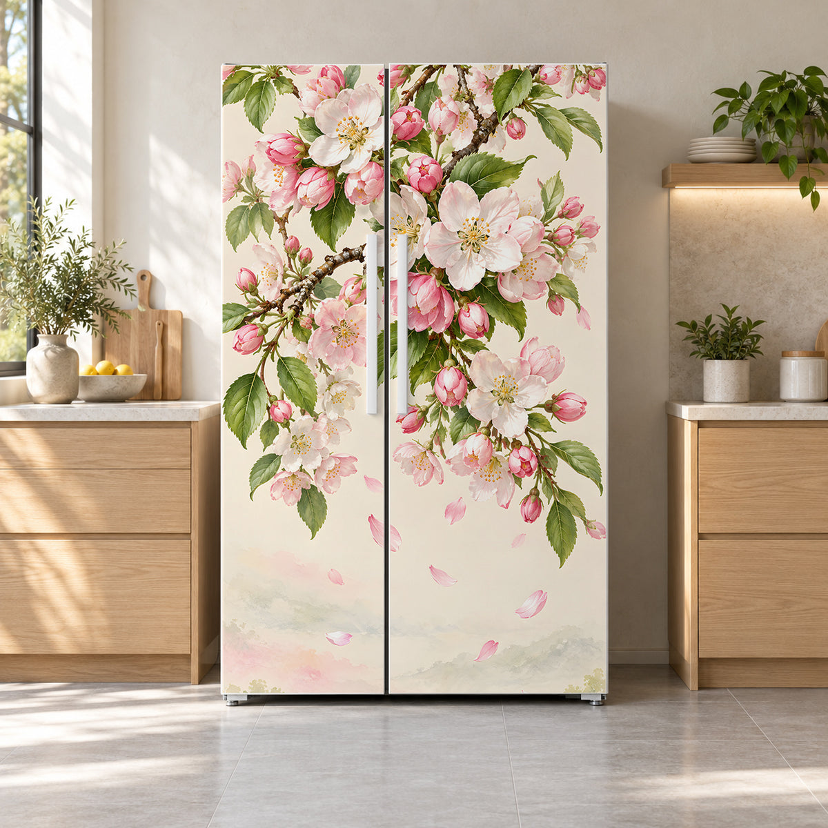 Spring Blossoms fridge wrap on a side-by-side refrigerator