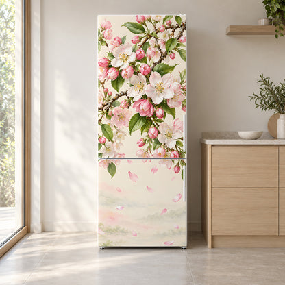 Spring Blossoms fridge wrap on a white refrigerator in a bright kitchen